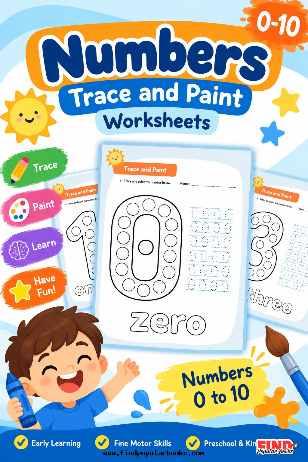 Trace, Dot, and Paint Numbers Worksheet: 0 to 9 (Preschool Math)