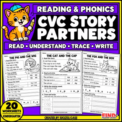 CVC Story Partners | 20 Reading and Phonics Worksheets