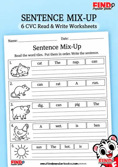 CVC Sentence Mix-Up | 6 Read and Write Worksheets