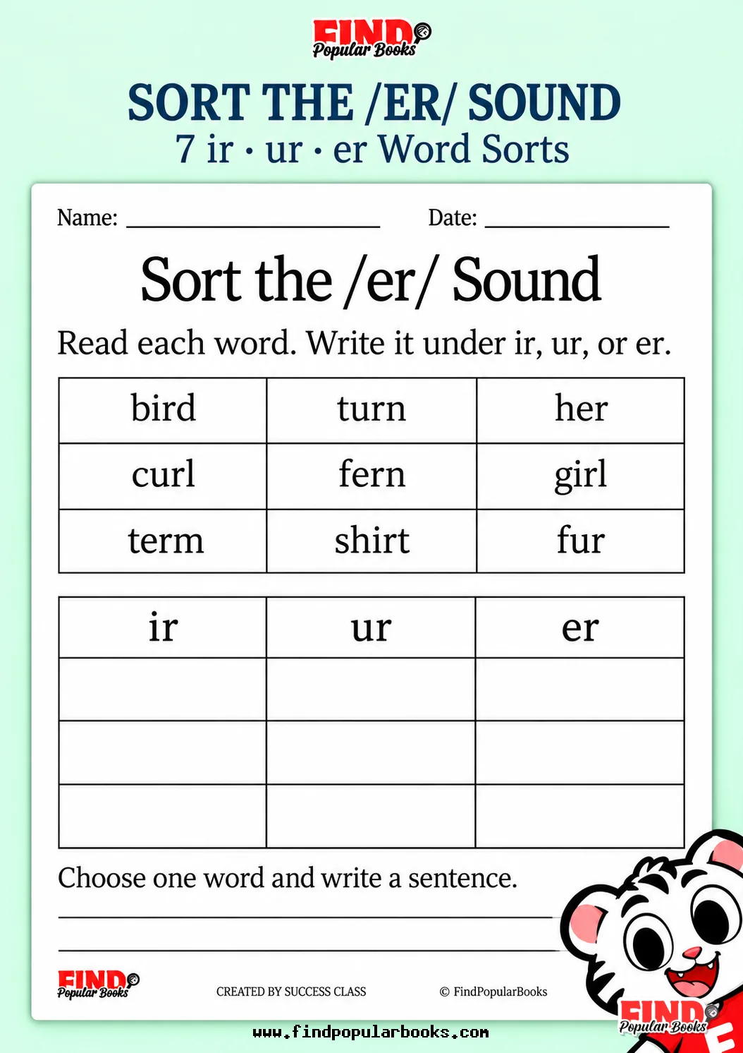 Sort the /er/ Sound | 7 ir, ur, er Worksheets