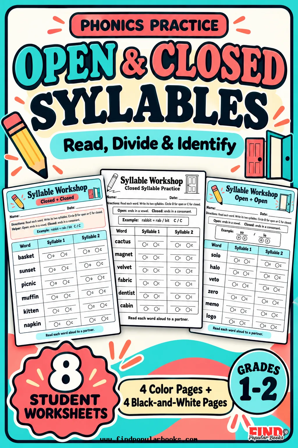 Open and Closed Syllables Worksheets | Two-Syllable Word Division | Grades 1-2