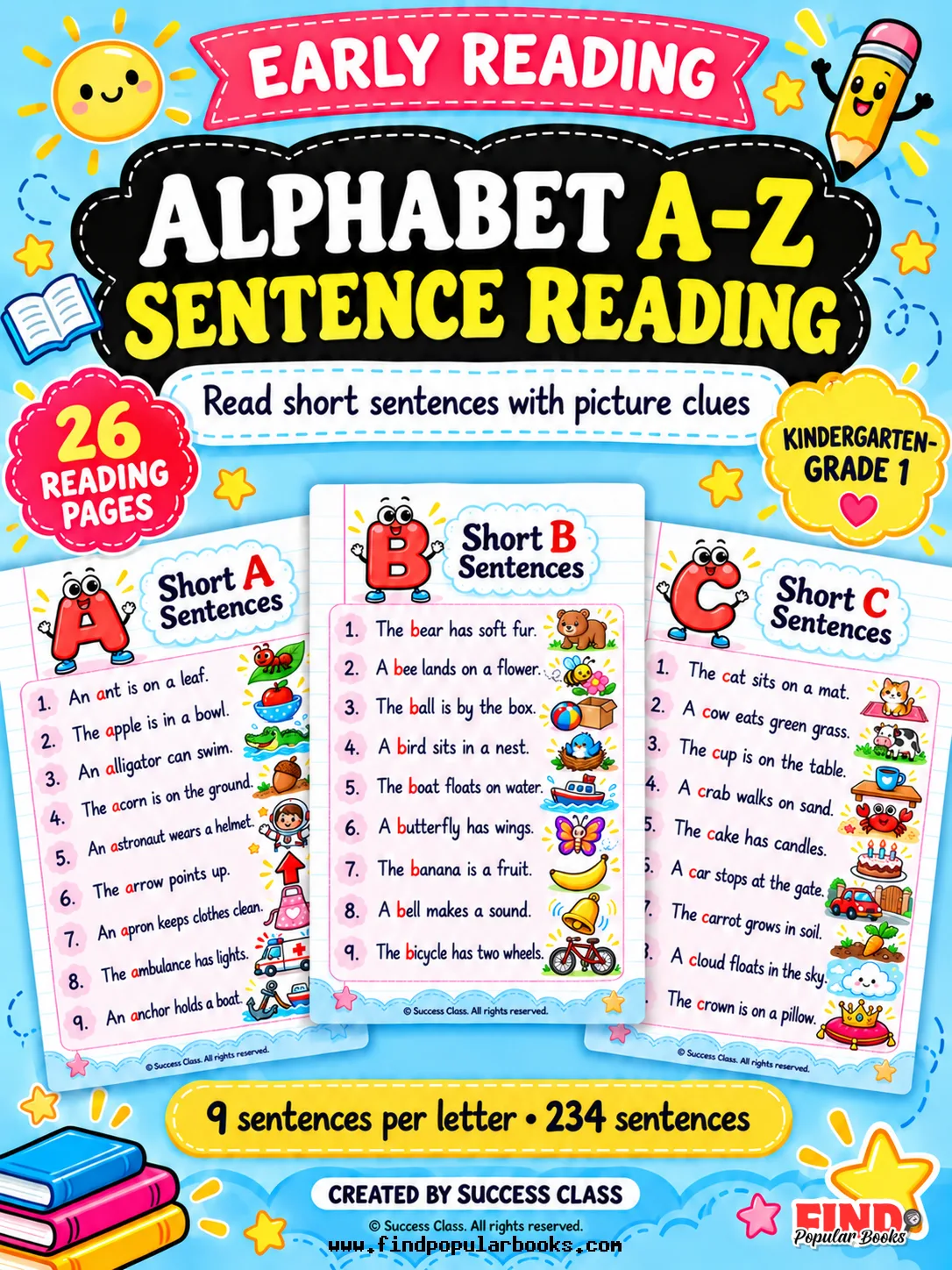 Alphabet A–Z Sentence Reading Worksheets | 26 Illustrated Pages & Picture Clues