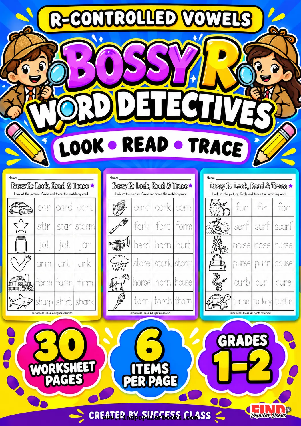 Bossy R Worksheets | R-Controlled Vowels Look, Read & Trace | 30 Phonics Pages