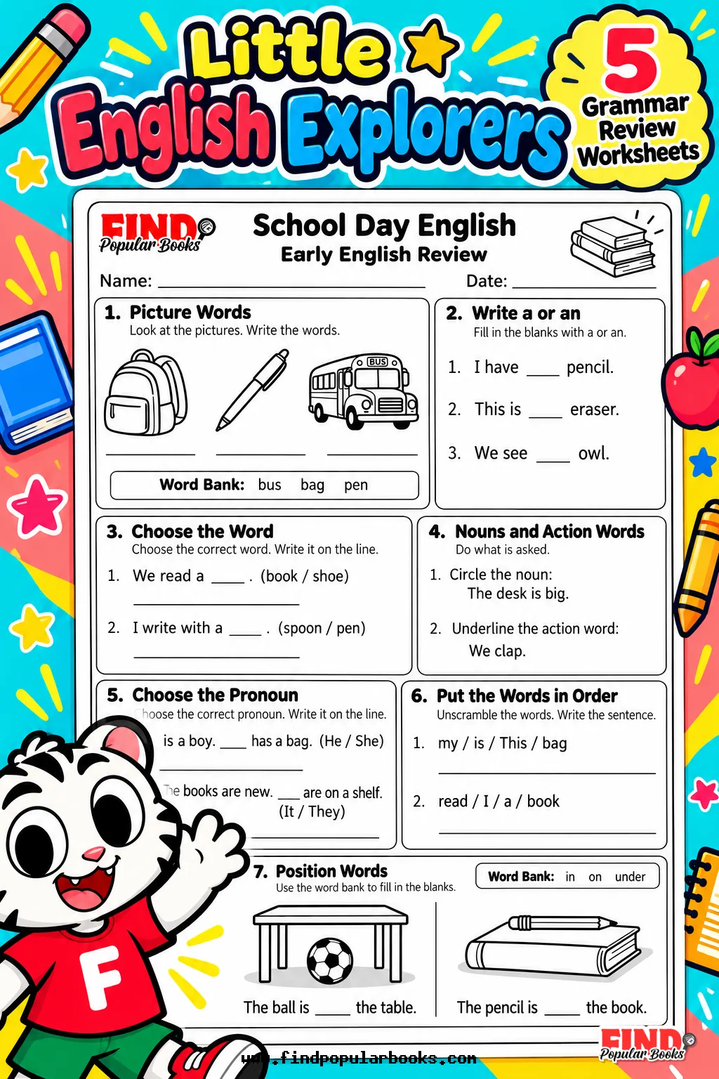 Little English Explorers: 5 Early Grammar Review Worksheets