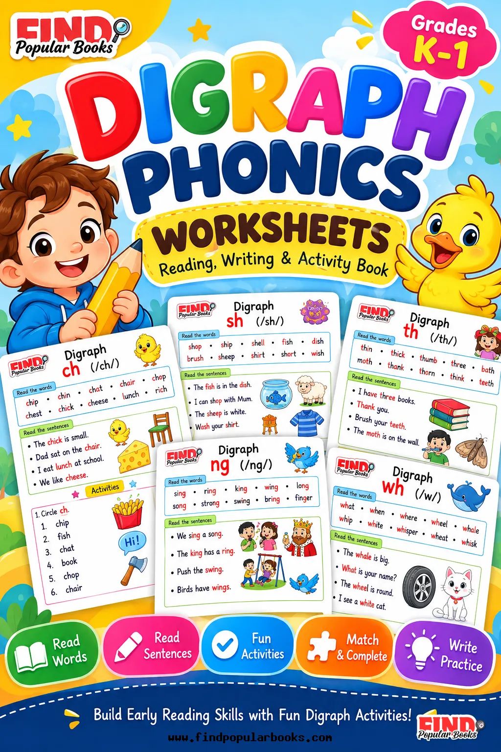 Digraph Phonics Worksheets for Kids | Read, Match, Complete & Write