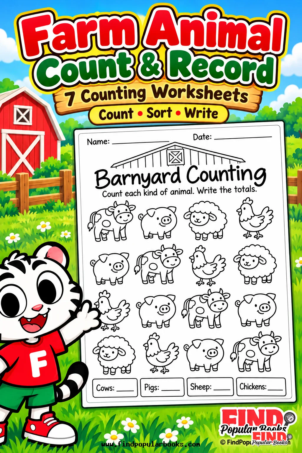Farm Animal Count and Record: 7 Counting Worksheets