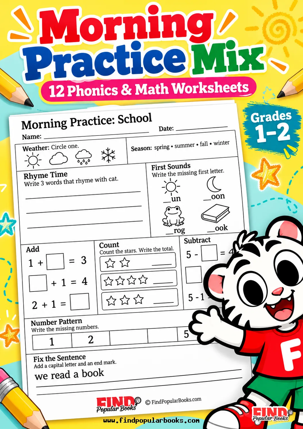 Morning Practice Mix: 12 Phonics and Math Worksheets