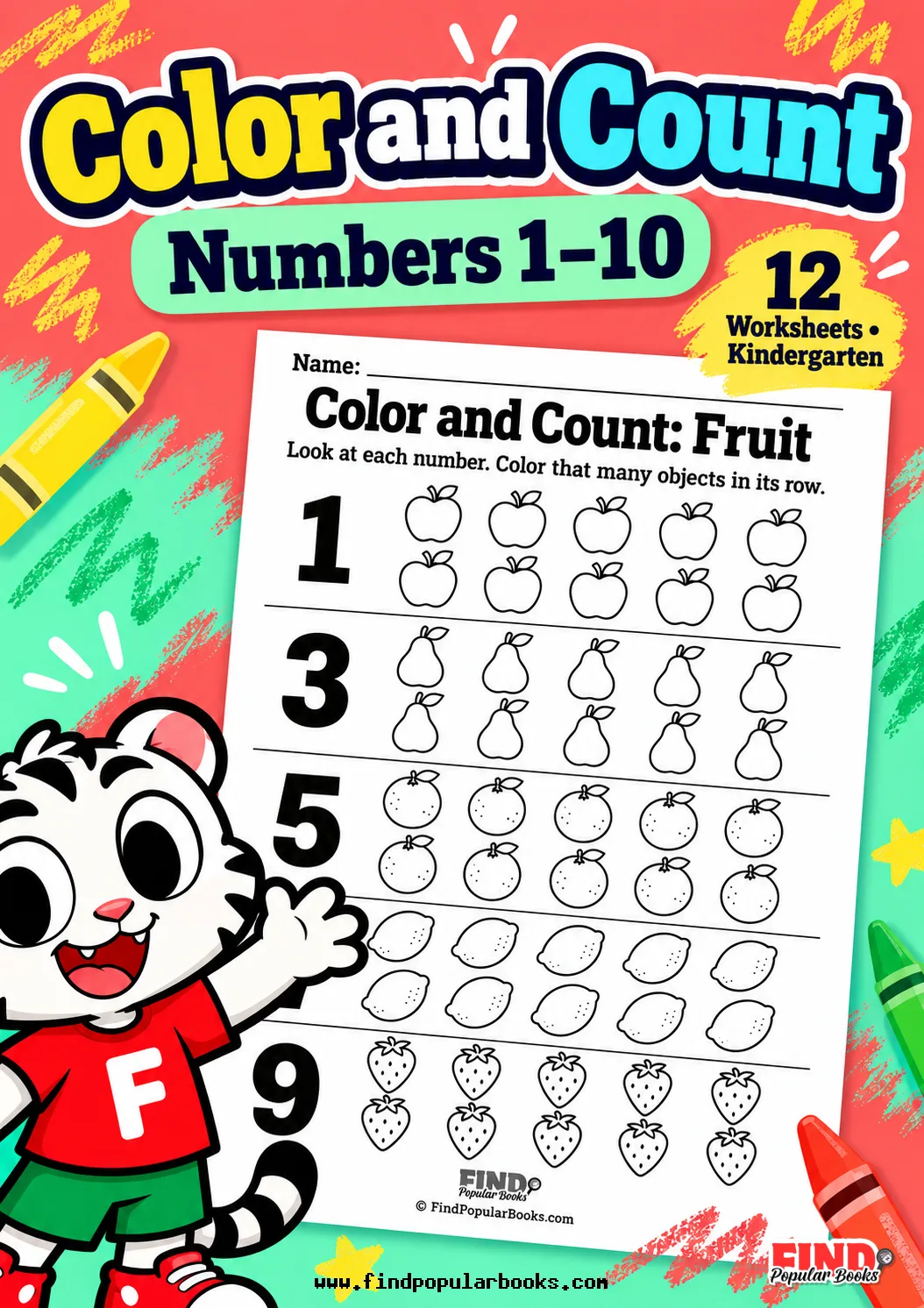 Color and Count: 12 Numbers 1–10 Worksheets