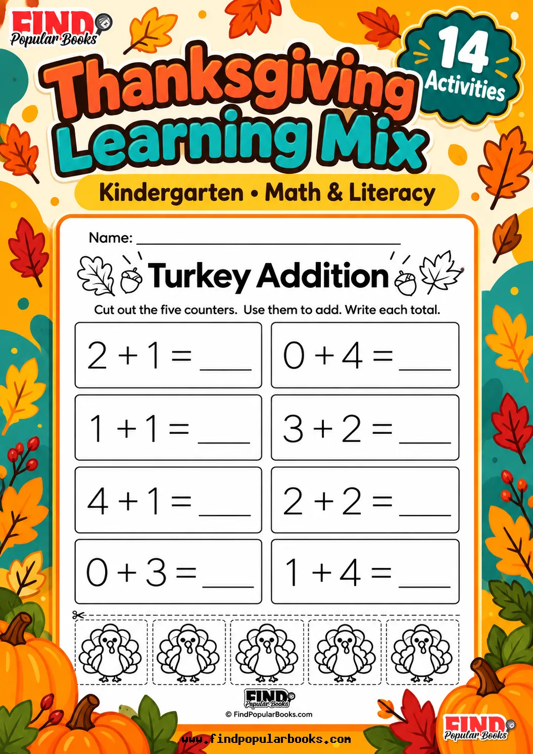 Thanksgiving Kindergarten Worksheets: Math, Phonics and Turkey Activities