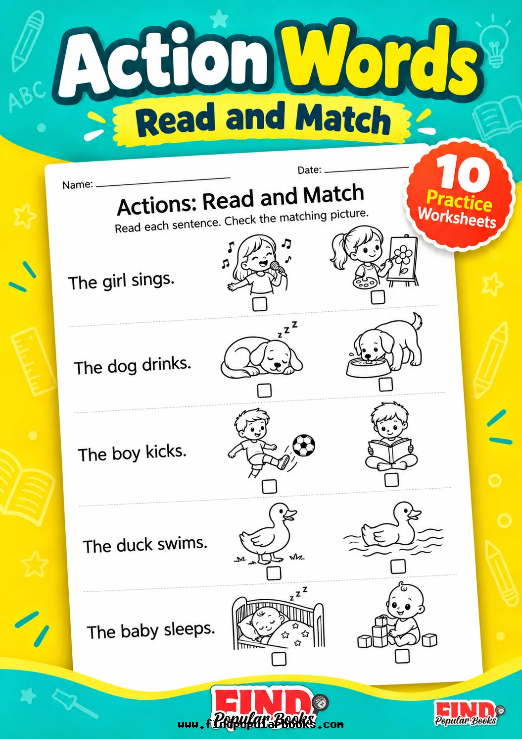 Action Words Worksheets: Read and Match Sentences to Pictures