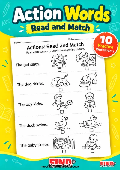 Action Words Worksheets: Read and Match Sentences to Pictures