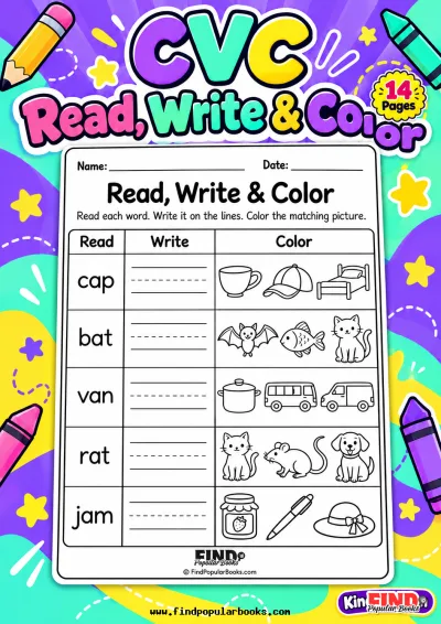 CVC Read, Write and Color Worksheets: Short Vowel Picture Matching
