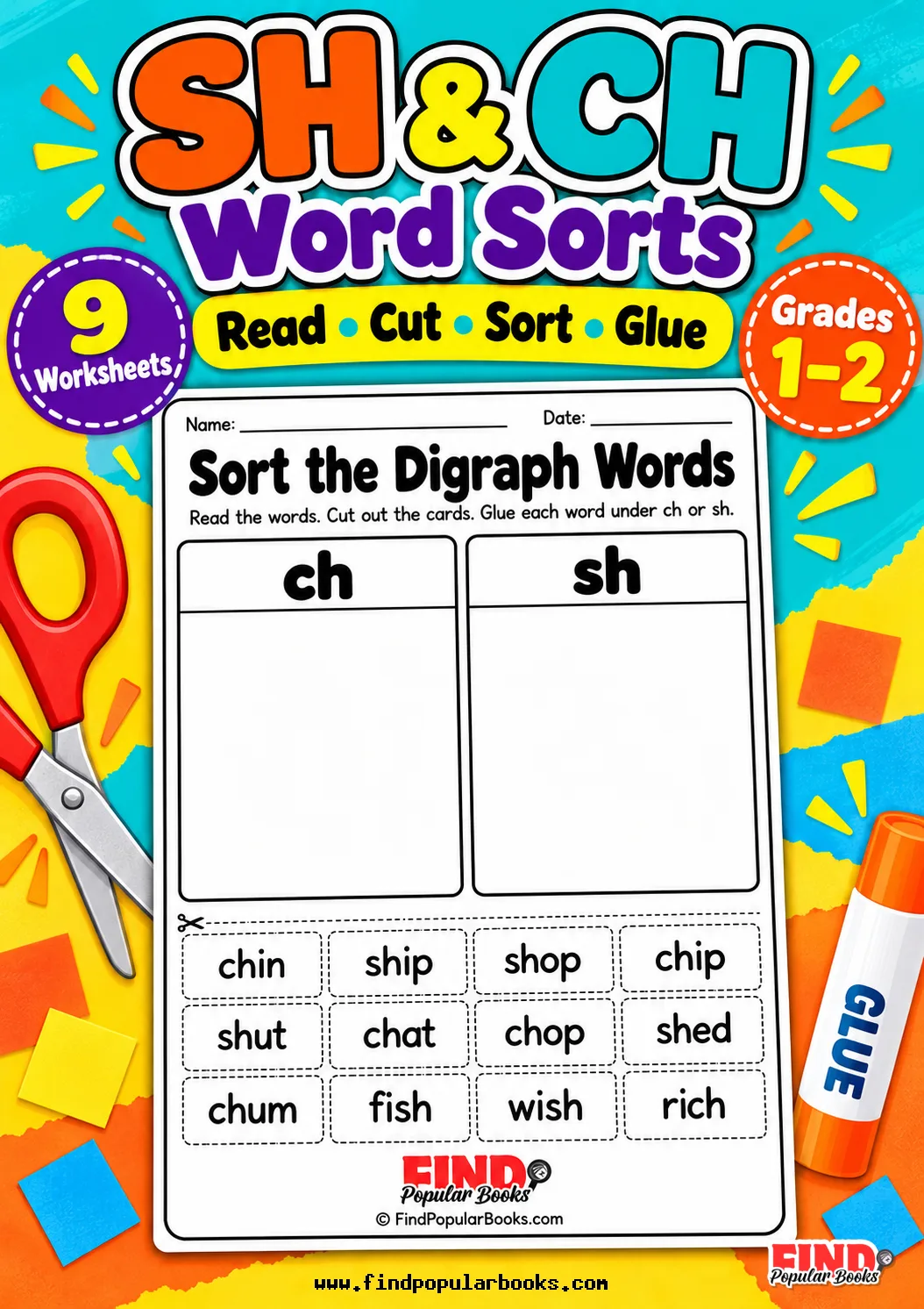 SH and CH Word Sort Worksheets: Cut and Paste Digraph Practice
