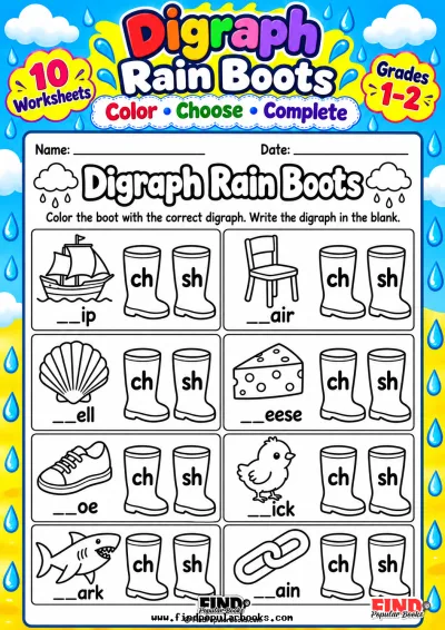 SH and CH Rain Boot Worksheets: Color and Complete the Digraph