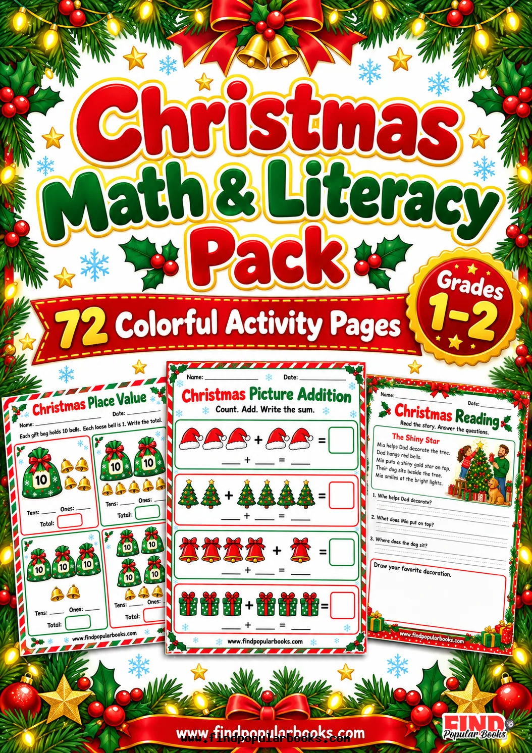 Christmas Math & Literacy Worksheets | 72 Holiday Activities | Grades 1–2
