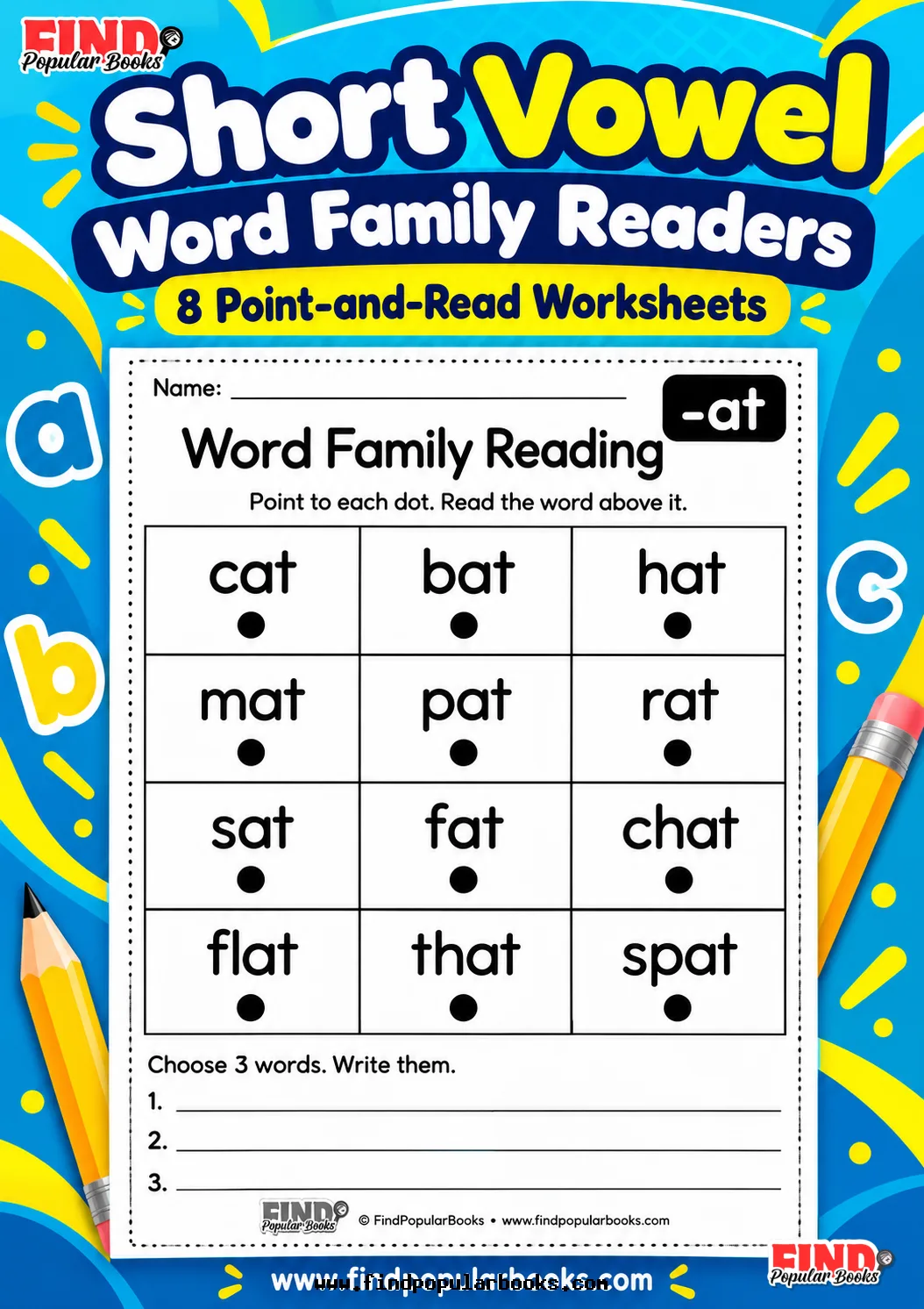 Short Vowel Word Family Reading Worksheets: 8 Point-and-Read Grids
