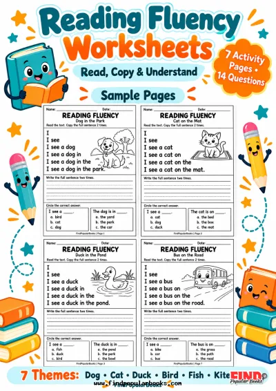 Reading Fluency Worksheets: 7 Read, Copy and Answer Pages
