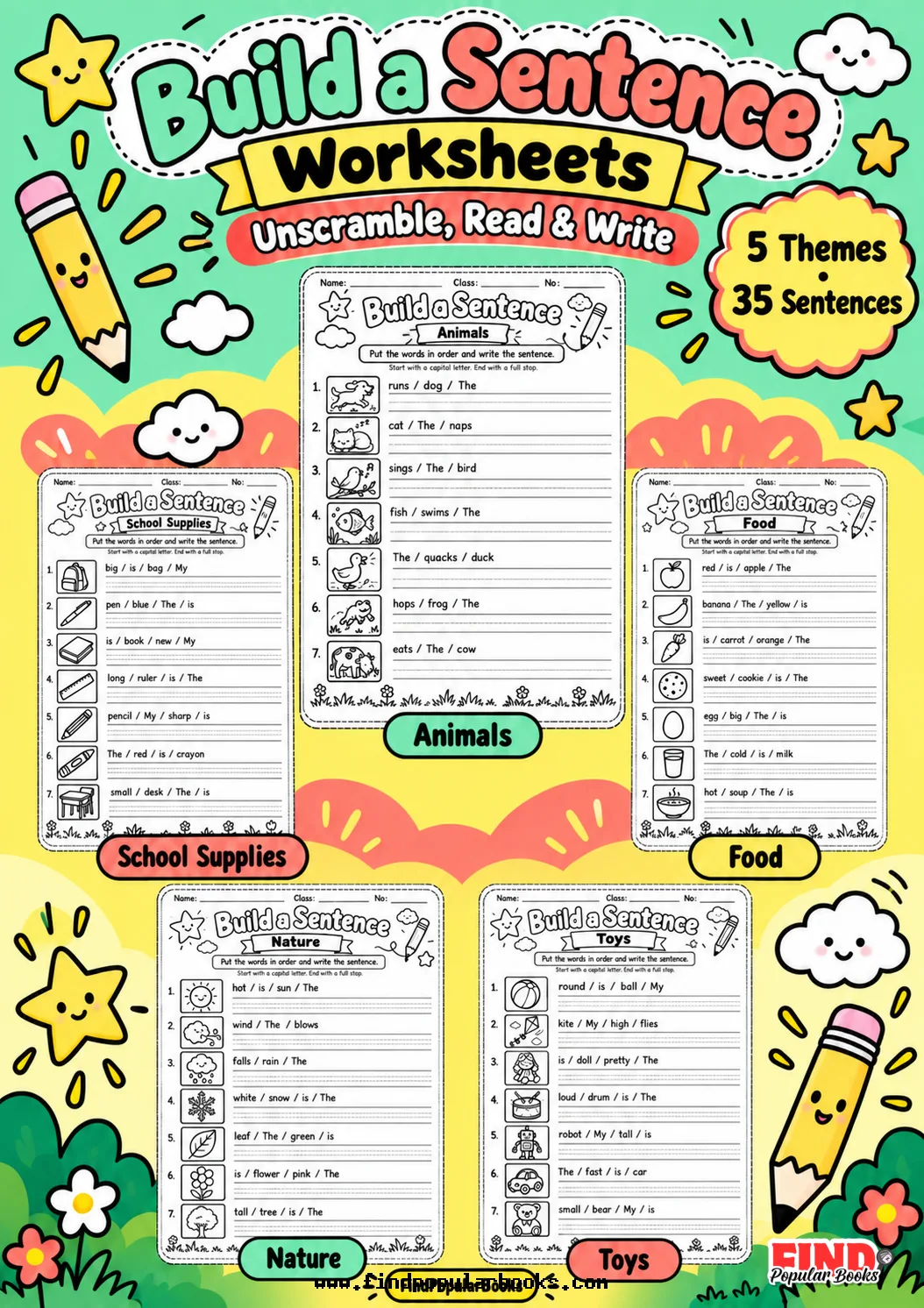 Build a Sentence Worksheets: 5 Printable Themes for Kids