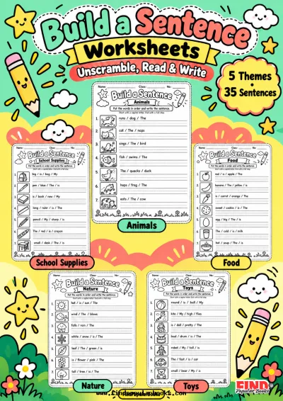 Build a Sentence Worksheets: 5 Printable Themes for Kids
