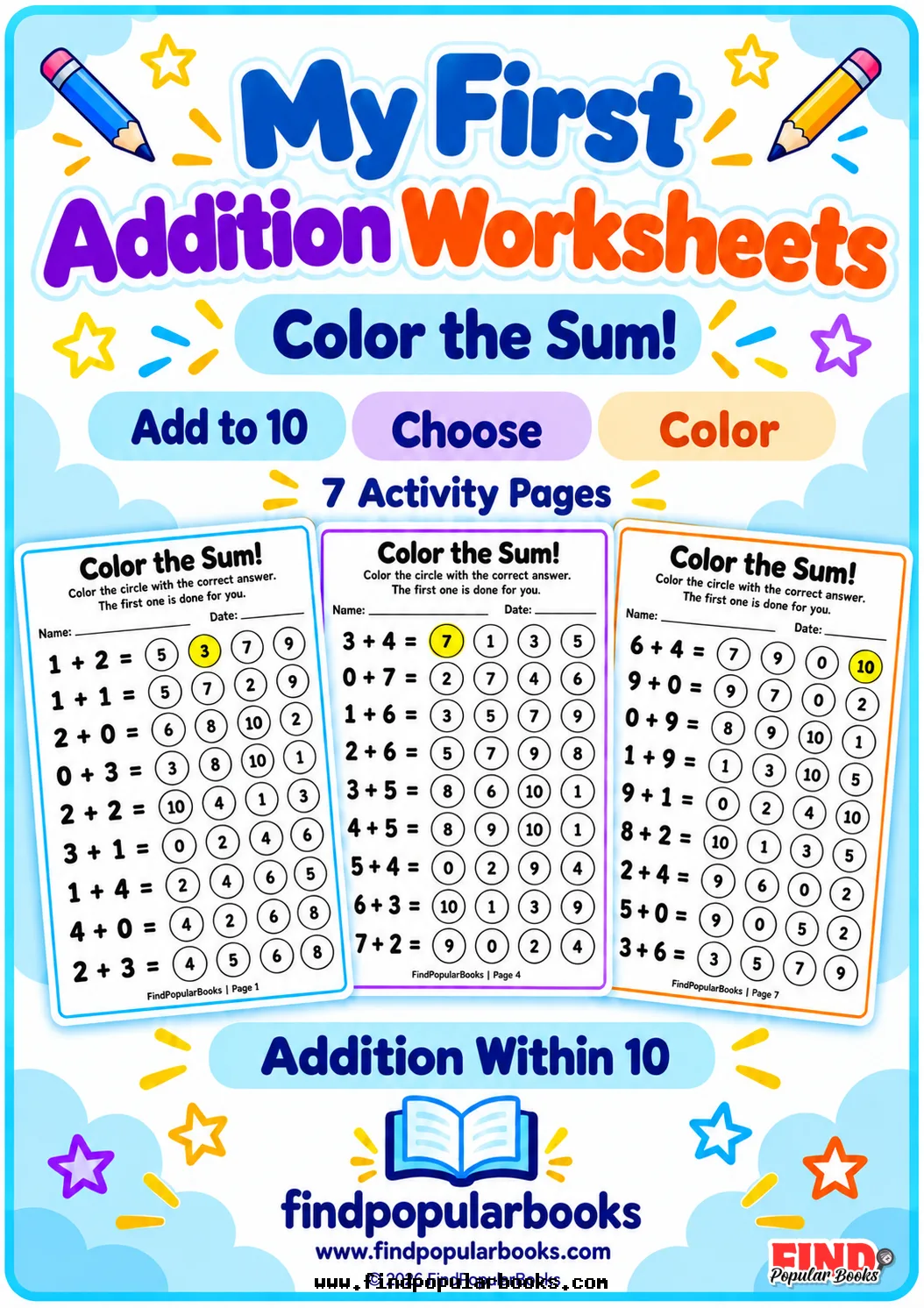 Color the Sum! 7 Printable Addition Worksheets Within 10