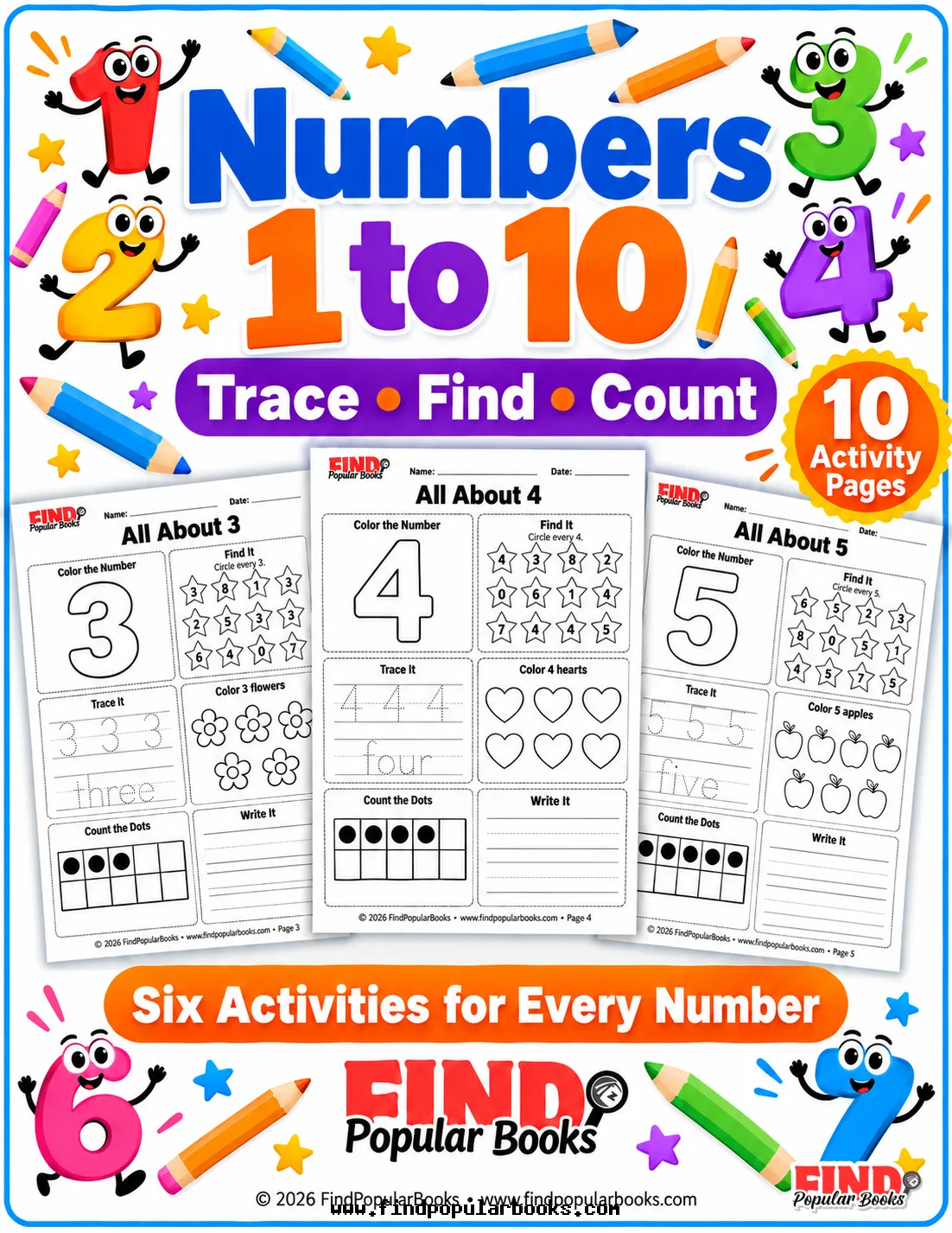 Numbers 1 to 10 Activity Worksheets: Trace, Find and Count