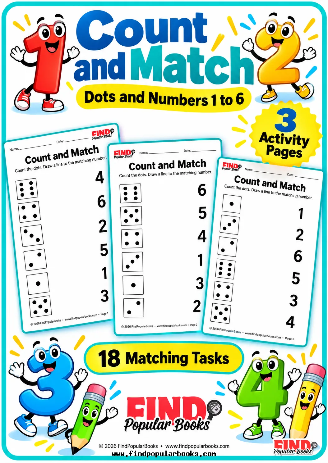 Count and Match Dots 1 to 6: 3 Number Worksheets