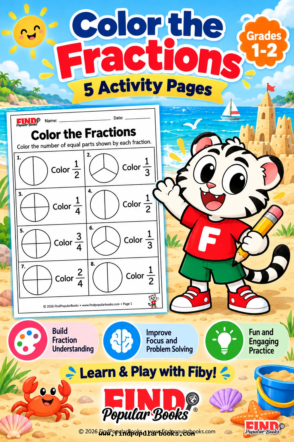 Color the Fractions: 5 Equal-Parts Worksheets