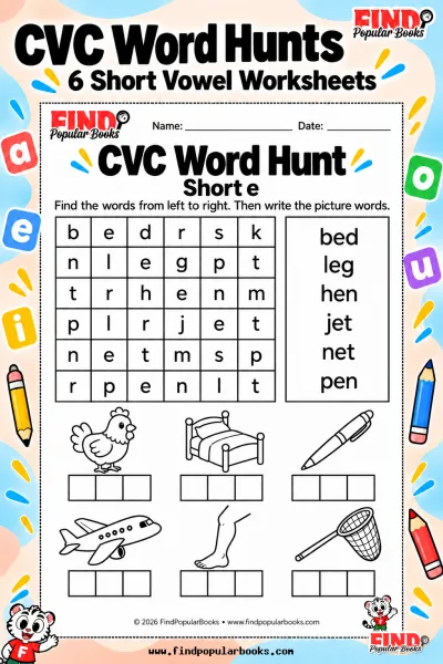 CVC Word Search and Picture Spelling: 6 Short Vowel Worksheets