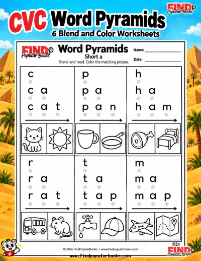 CVC Word Pyramids: 6 Blend and Color Phonics Worksheets