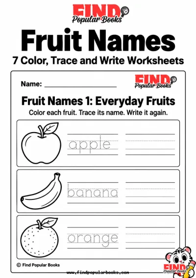 Fruit Names: Color, Trace and Write