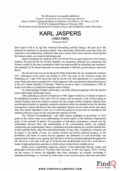 Download Karl Jaspers (1883 1969) PDF or Ebook ePub For Free with Find Popular Books 