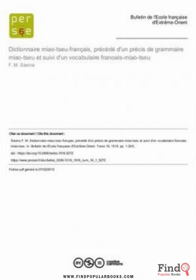 Download Dictionnaire Miao Tseu Français, Précédé D’un Précis De Grammaire Miao Tseu Et Suivi D’un Vocabulaire Français Miao Tseu PDF or Ebook ePub For Free with Find Popular Books 